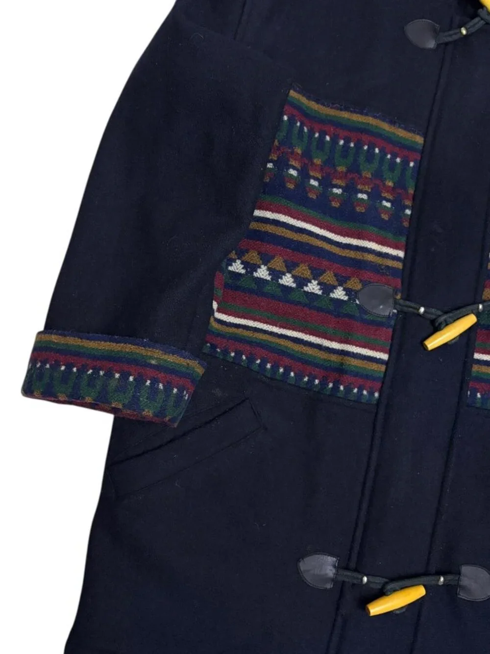 VINTAGE INUIT WOOL Aztec Blue Hooded Retro Winter Pea Coat Womens Medium
